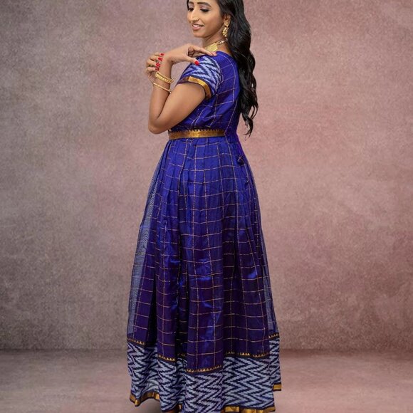 Purple Checker Silk Anarkali Dress | Muvvas Boutique - Picture 3 of 5